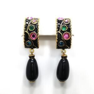 Vintage Large Multicolored Rhinestone Black Enamel Clip Earrings, 2 3/4 Inches